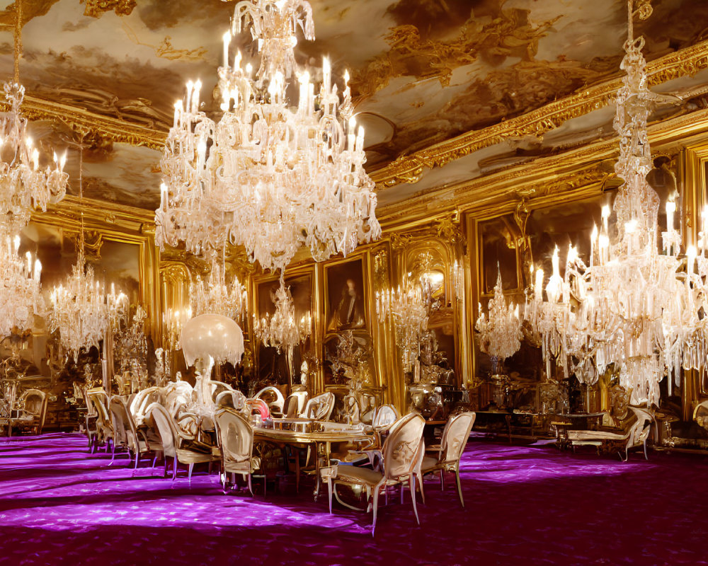 Luxurious Room with Golden Walls, Crystal Chandeliers, Mirrors, Purple Carpet, and Furniture
