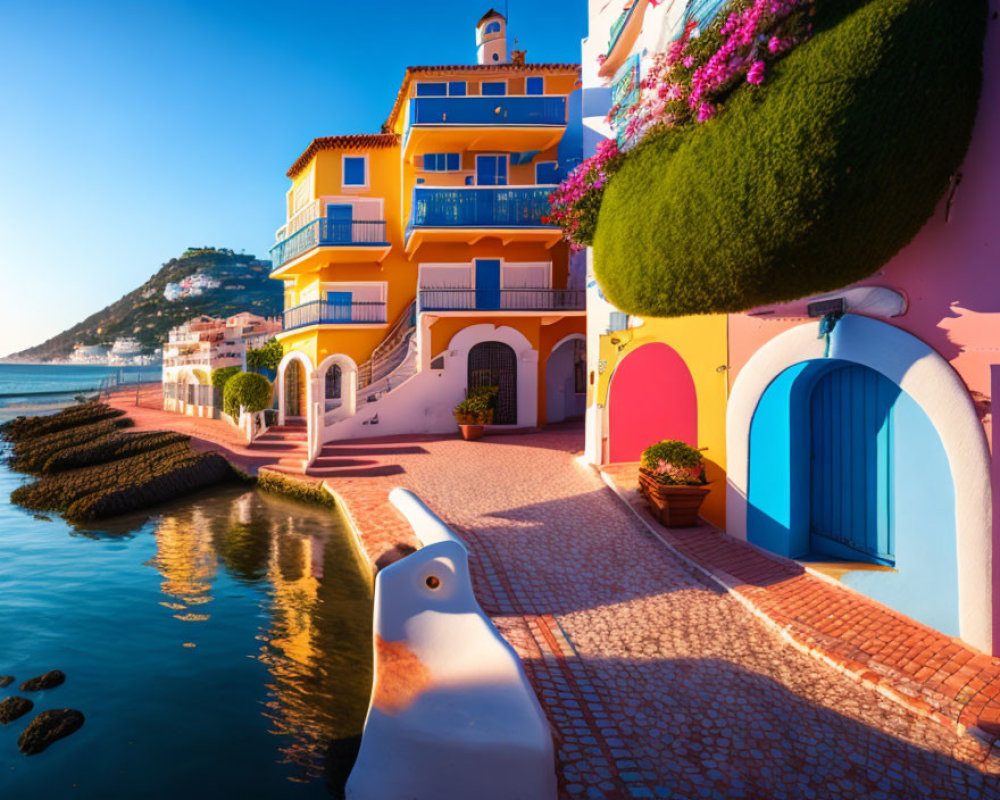 Vibrant Mediterranean Style Buildings Along Waterway