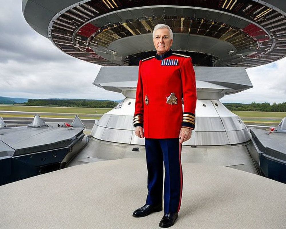Person in Red and Black Uniform with Emblem Standing by UFO Spaceship