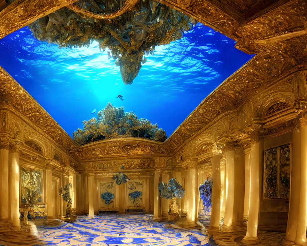 Luxurious Golden Room with Baroque Decor and Blue Aquarium Ceiling.