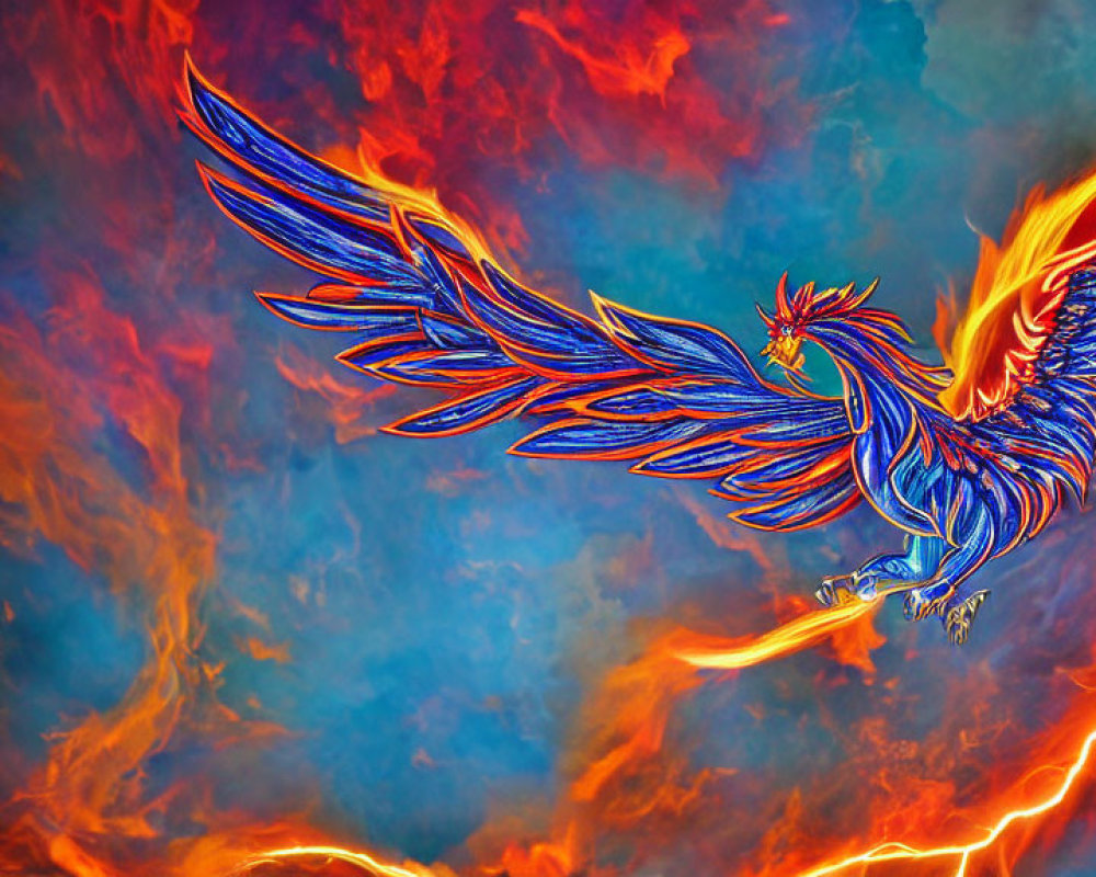 Colorful Phoenix Illustration Soaring in Fiery Sky