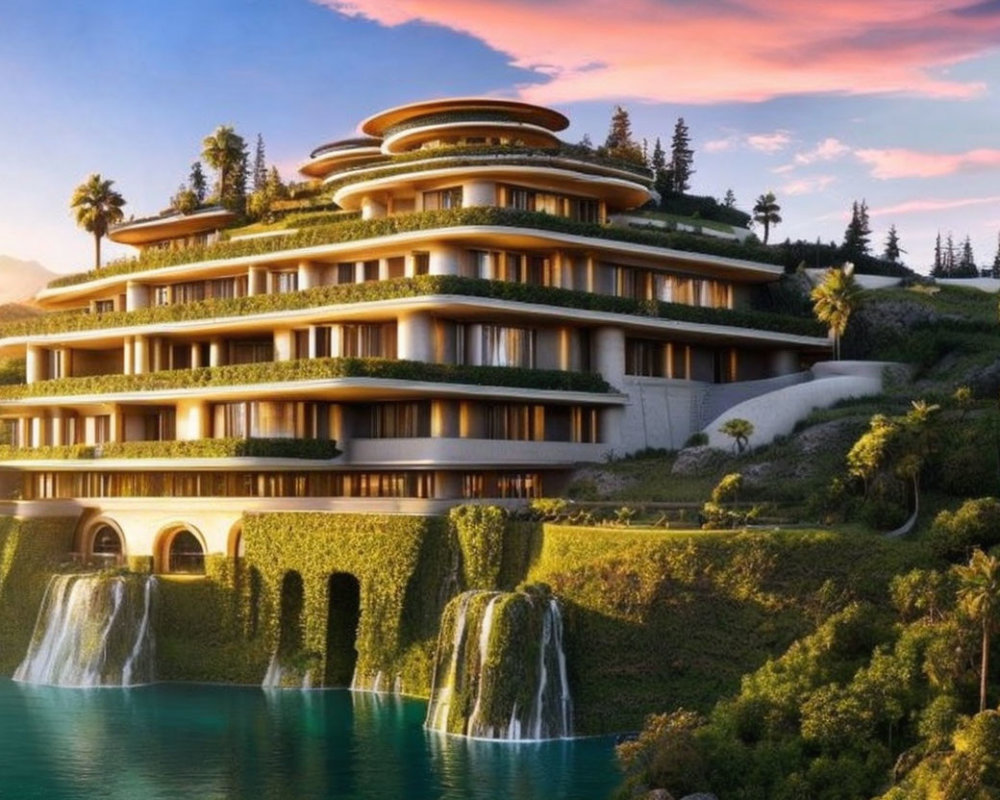 Luxurious multi-tiered building with green terraces overlooking waterfall and lake at sunset