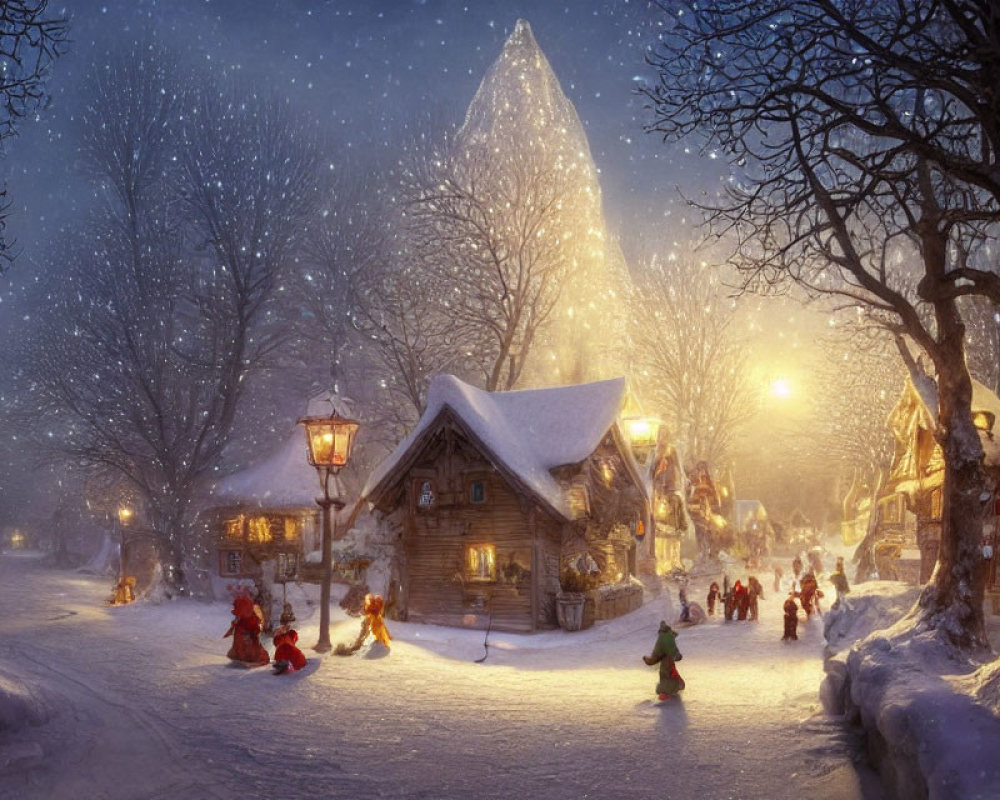 Snowy village scene with illuminated houses, street lamps, and winter atmosphere.