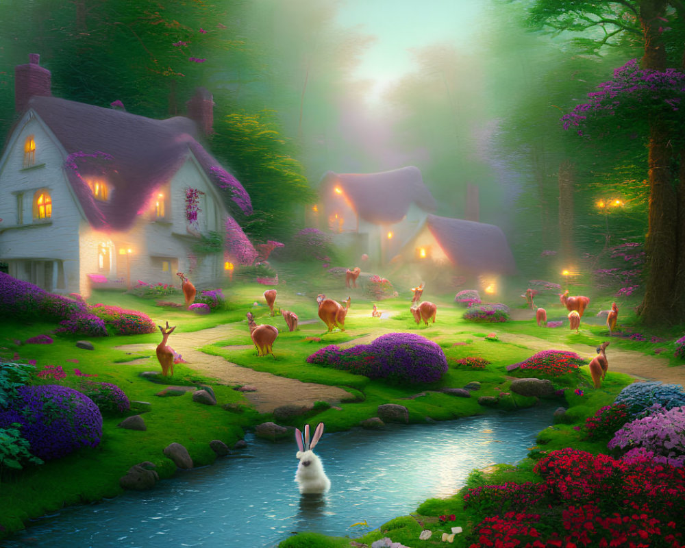 Tranquil woodland scene with thatched cottage, blooming flowers, stream, deer, and rabbit