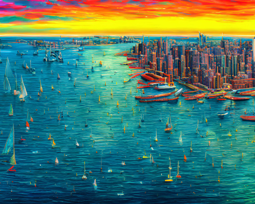 Colorful cityscape with boats on water under sunset sky and skyscrapers.