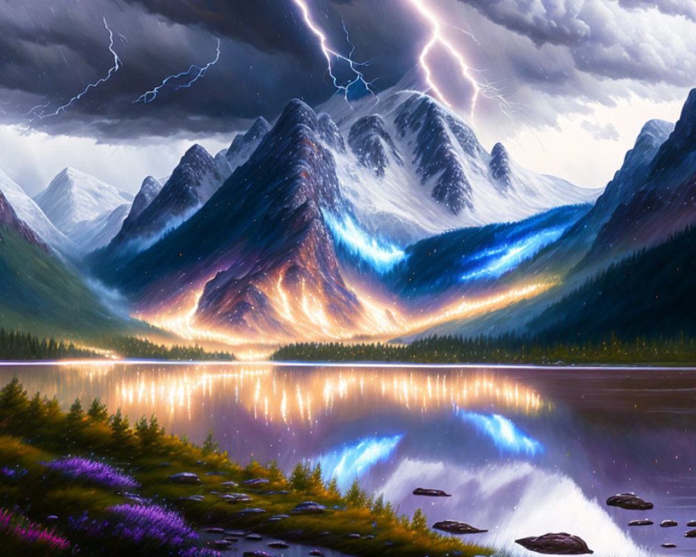 Digital Art: Mountain Range with Aurora, Lightning, and Lake