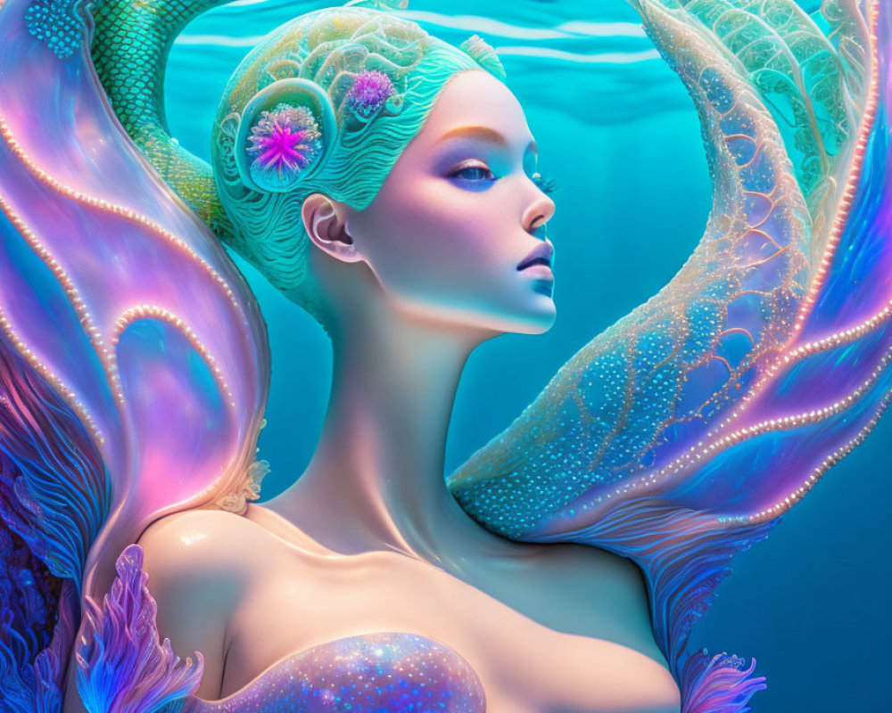 Vibrant digital artwork: fantasy mermaid with intricate coral-like patterns