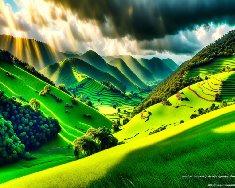 Sun rays illuminating green hills and agricultural fields under cloudy skies