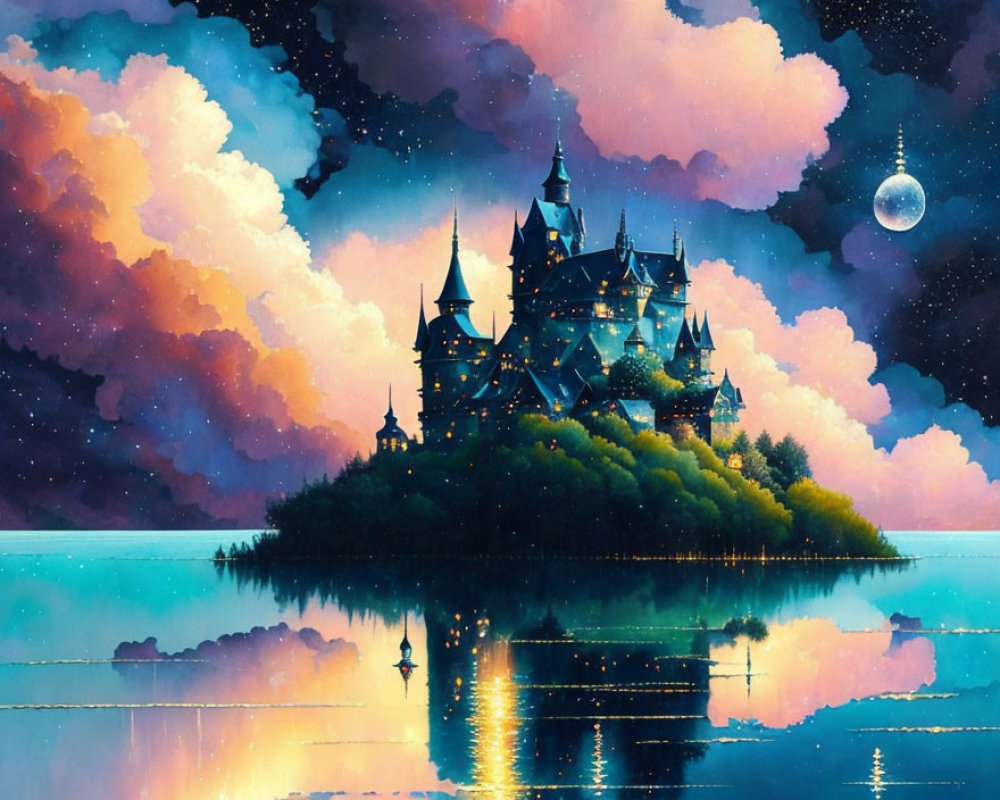 Majestic fantasy castle on island under starry sky