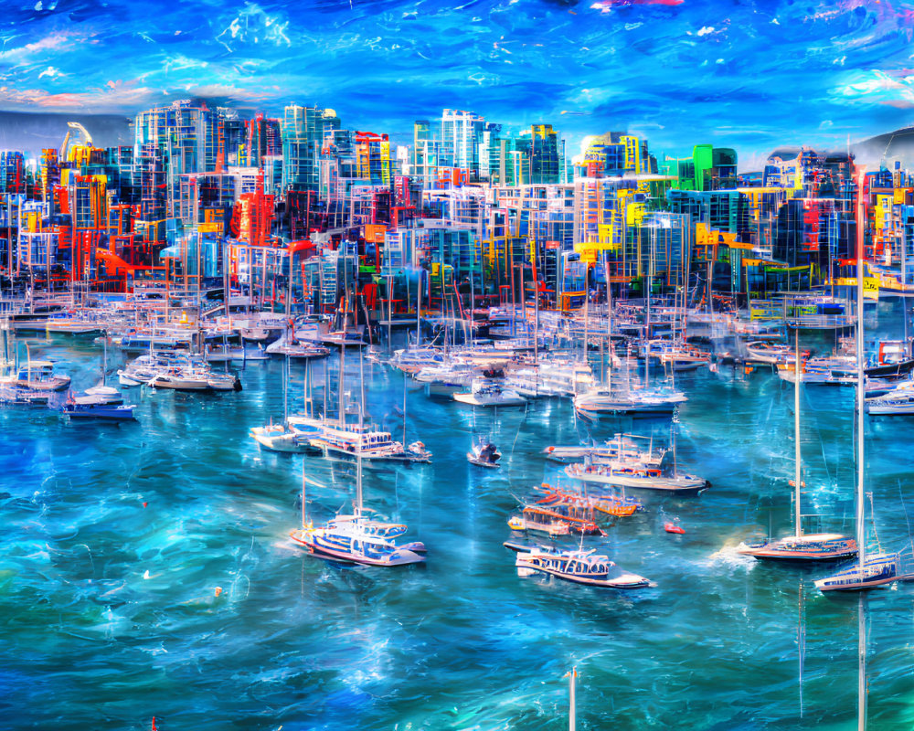 Vibrant city skyline and marina with modern buildings and boats on blue water