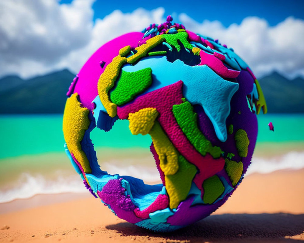 Vibrant textured globe on sandy beach with turquoise waters