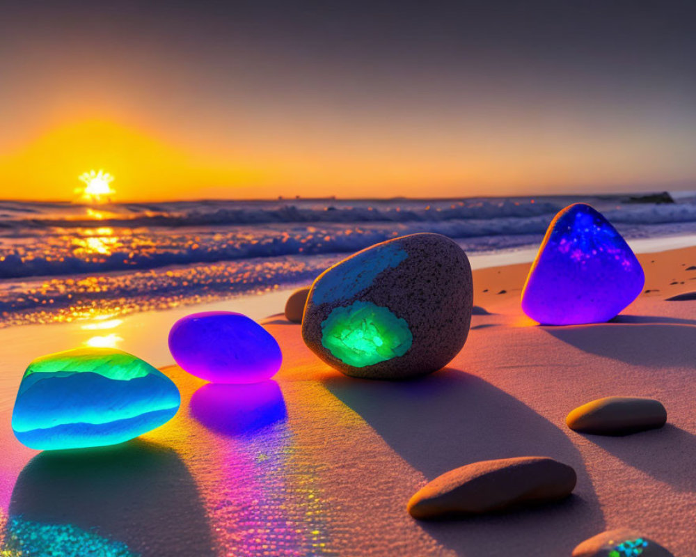 Vibrant sunset beach scene with colorful glowing stones & ocean waves