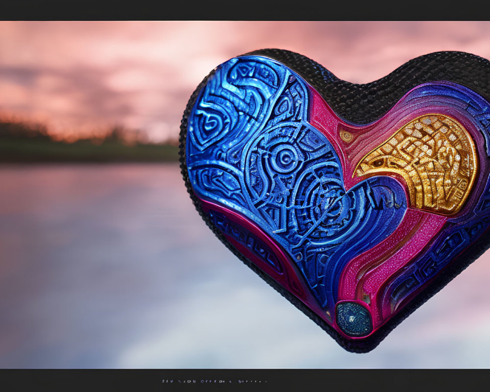 Colorful Heart-Shaped Object with Blue and Golden Patterns on Sunset Background