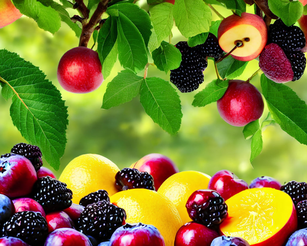 Assorted fresh fruits on green leaves with blurred background