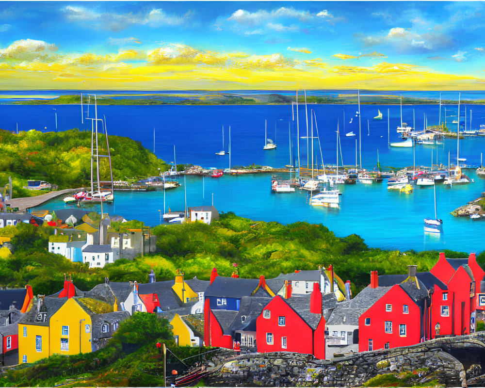 Scenic coastal village with colorful houses and sailboats