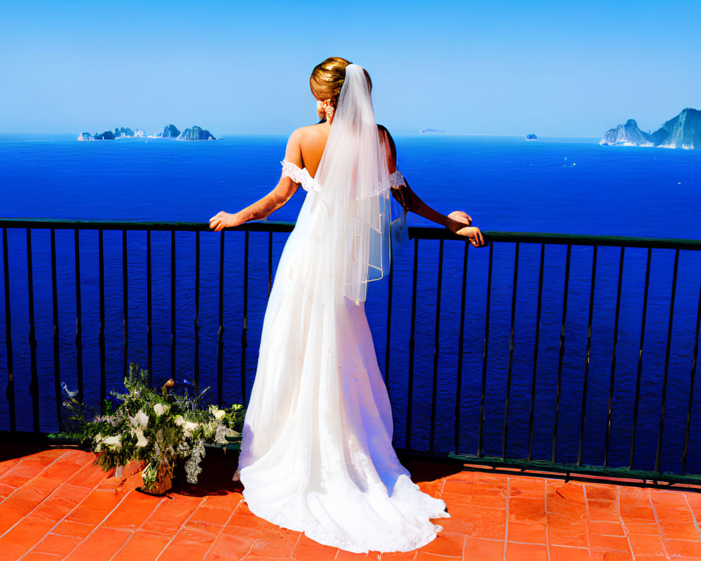 Bride in white wedding dress on terrace overlooking sea with bouquet