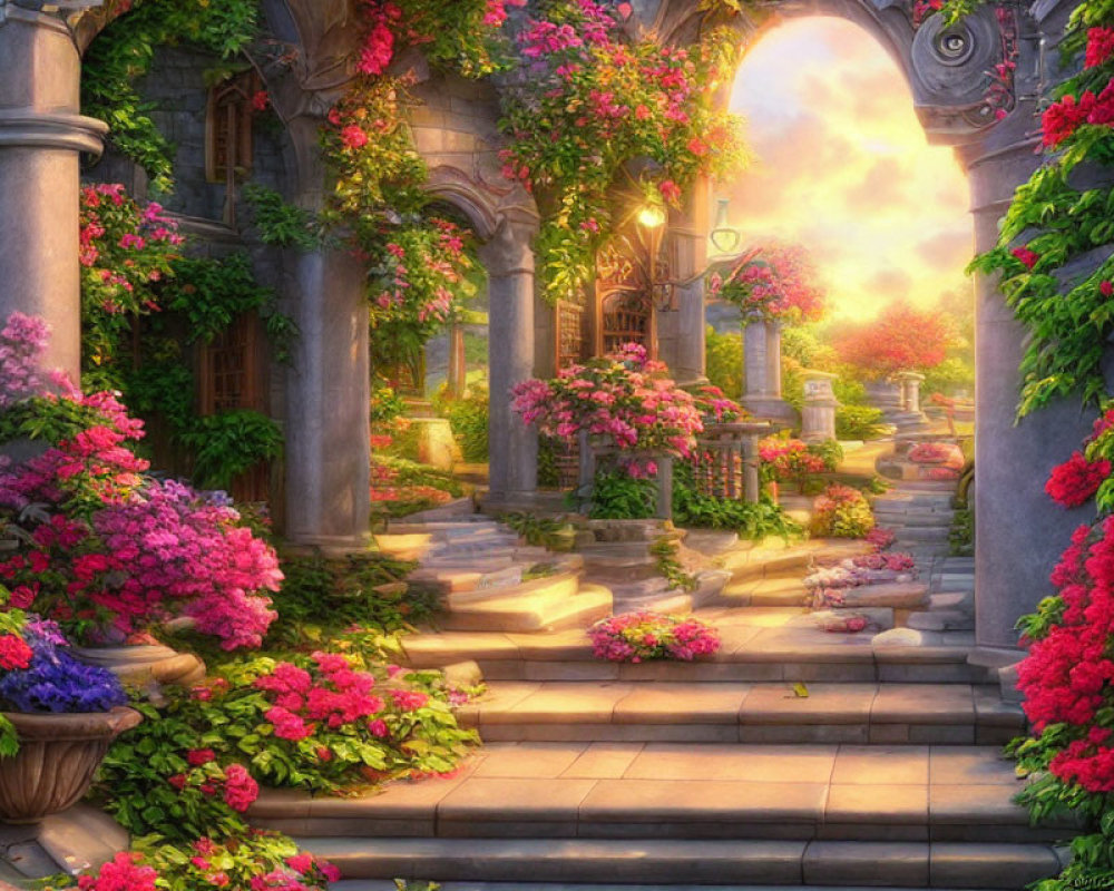 Tranquil garden pathway with blooming flowers and classic architecture at sunset