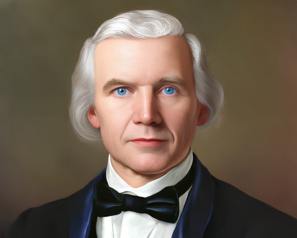 Man with White Hair and Blue Eyes in Black Bow Tie and Jacket on Warm Background