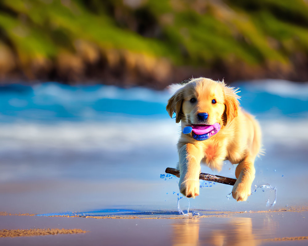 Golden Retriever Puppy Playing with Purple Frisbee on Sandy Beach