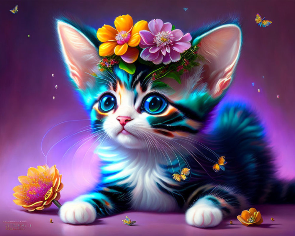Vibrant Illustration of Cute Kitten with Blue Eyes and Floral Decorations