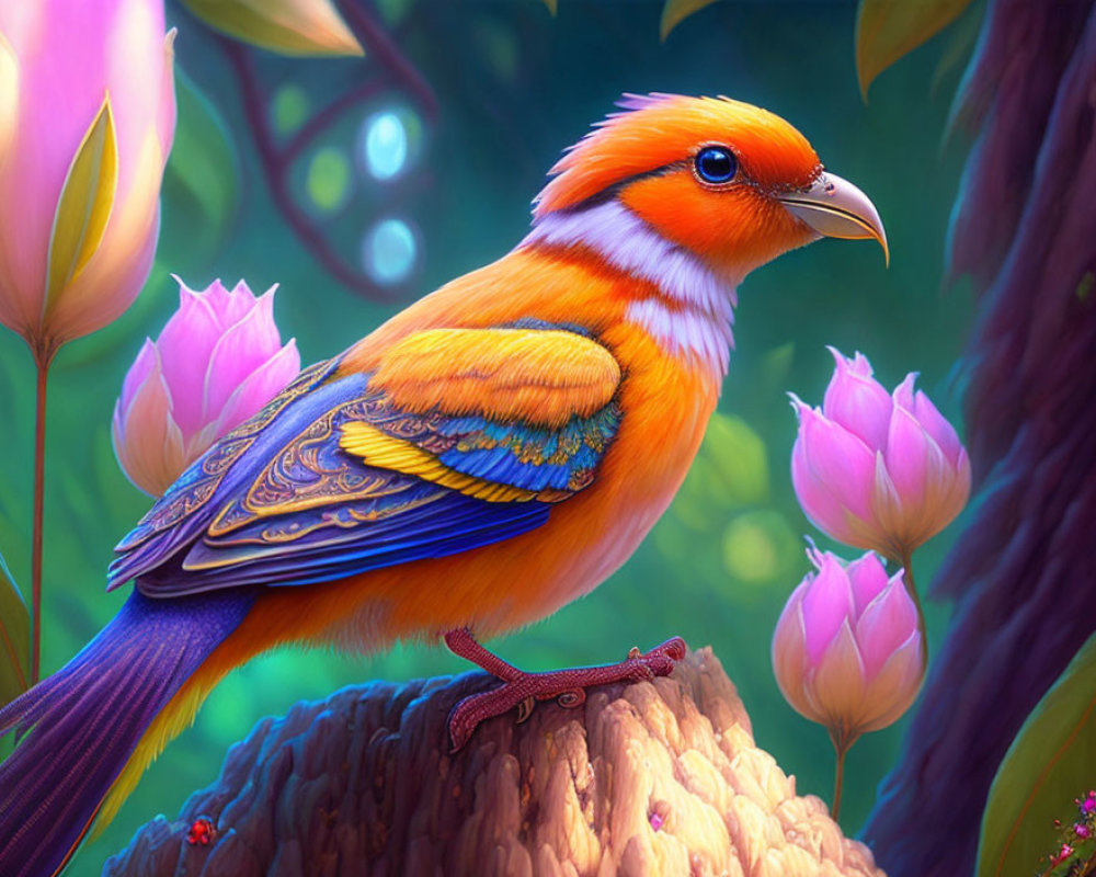 Colorful Bird Illustration with Orange Plumage and Blue Wings on Branch among Purple Flowers