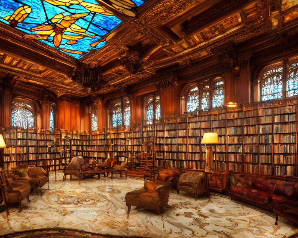 Luxurious wooden library with stained-glass ceiling and leather seating