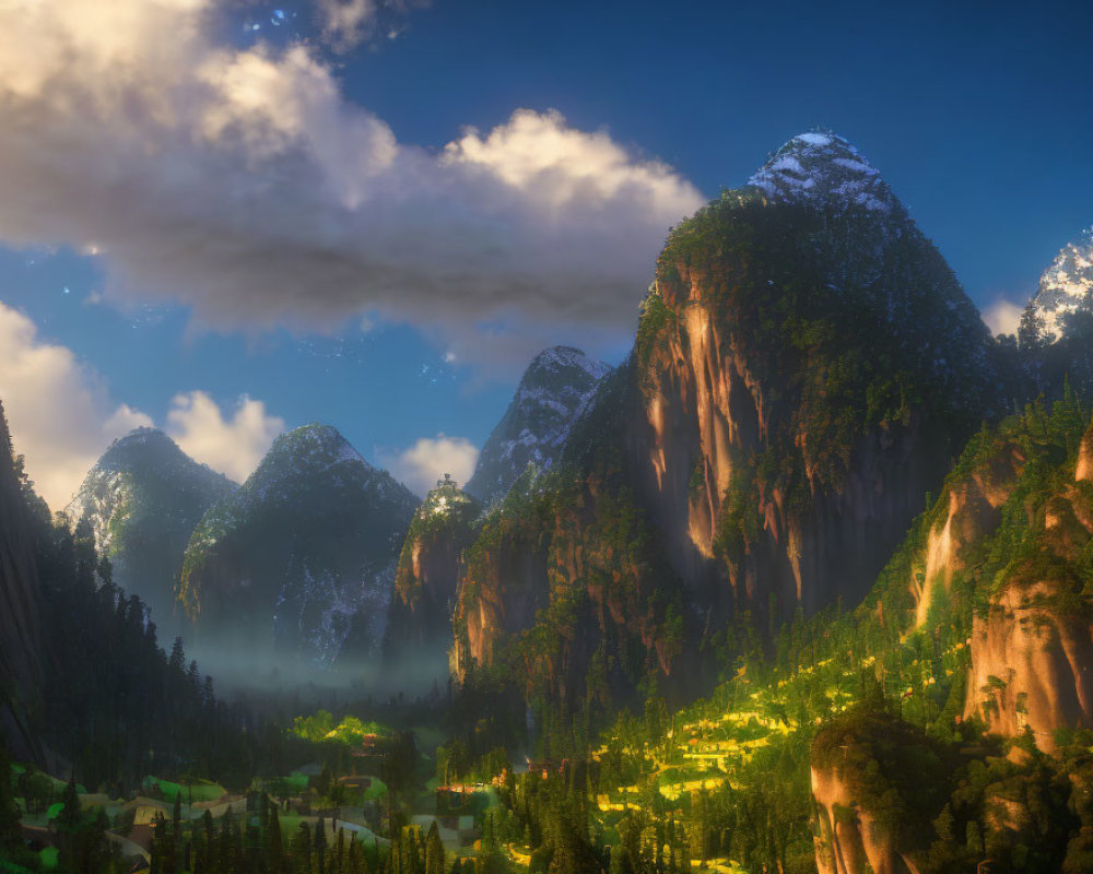 Misty forest valley with majestic mountain peaks at sunrise or sunset