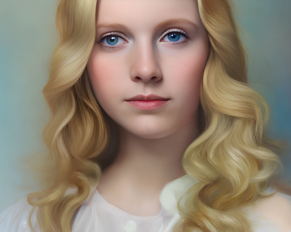 Young Woman Portrait: Long Curly Blonde Hair, Blue Eyes, Fair Skin