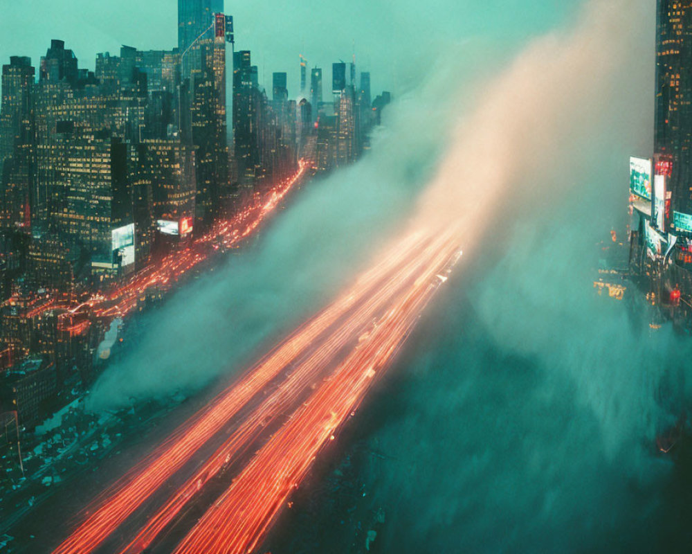 Blurred vehicle lights streaking in foggy urban night scene