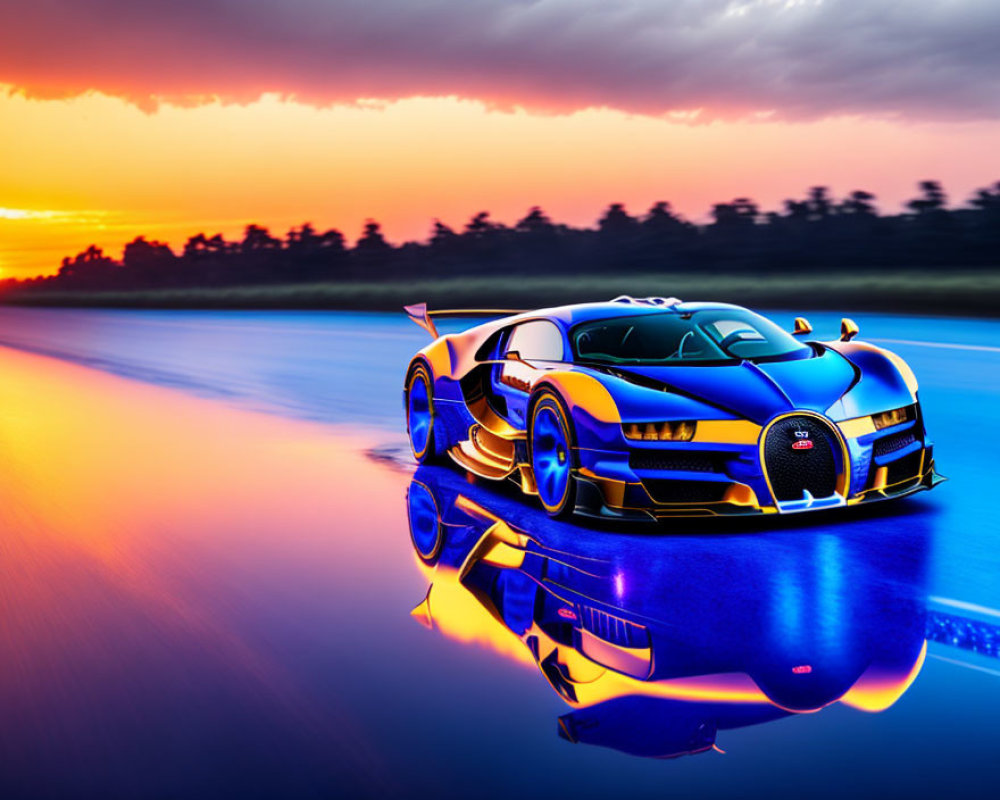 Blue and Gold Bugatti Sports Car Racing in Sunset Reflections