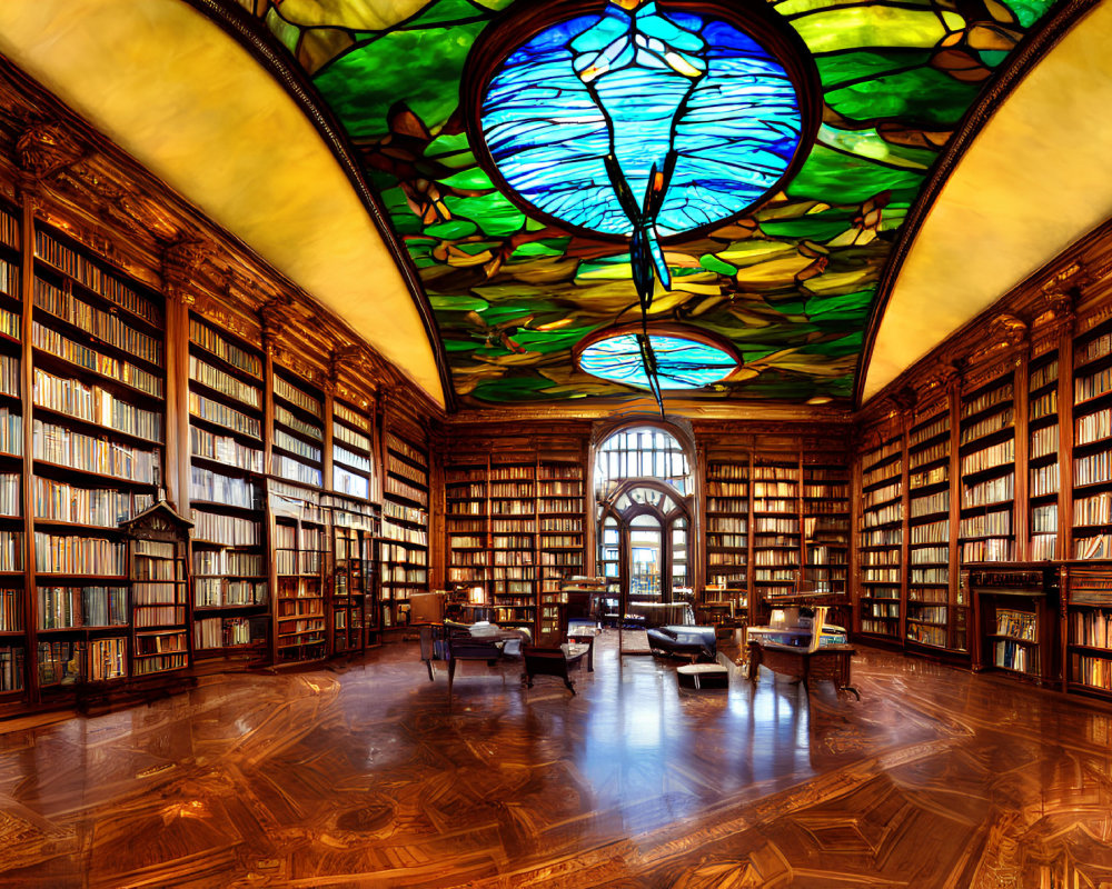 Elegant Library with Wooden Bookshelves and Stained Glass Ceiling