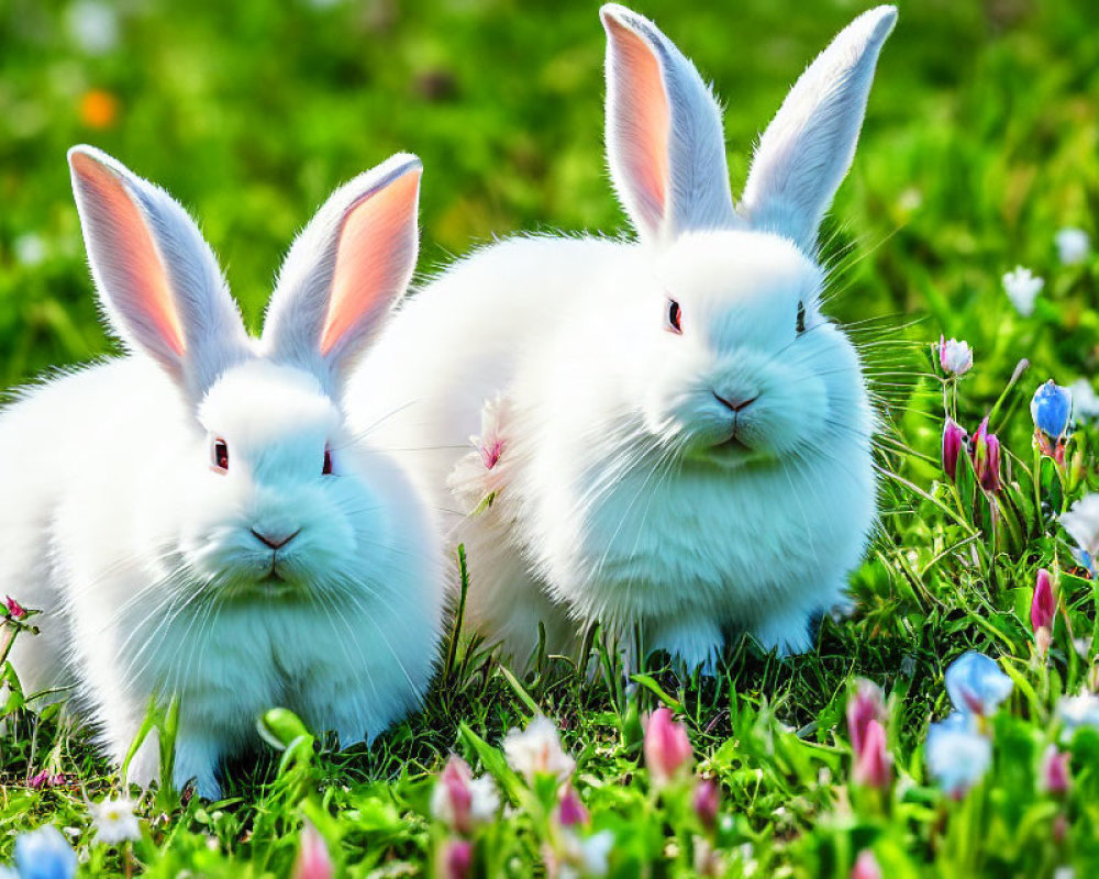 Two White Rabbits with Pink Ears in Green Grass Field
