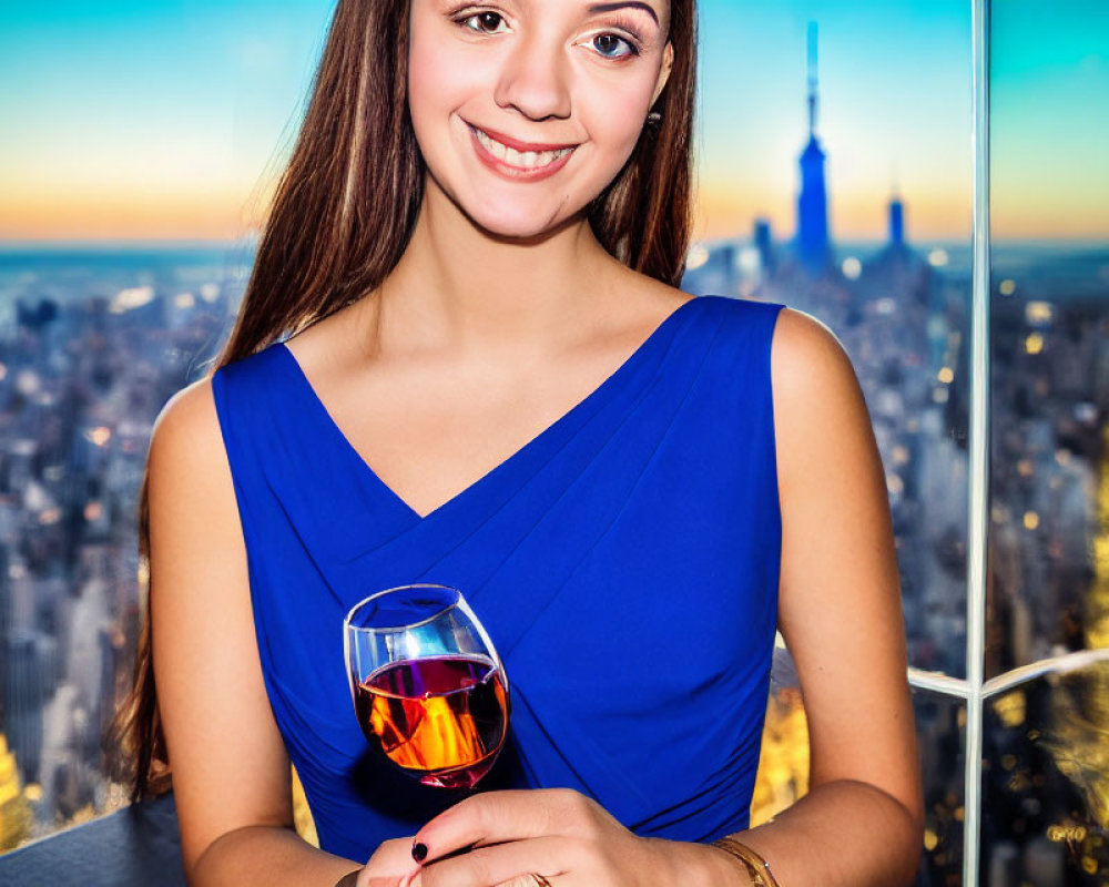 Smiling woman in blue dress with red wine glass and cityscape sunset