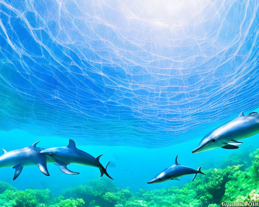 Graceful Dolphins Swimming Under Sunlit Sea Surface