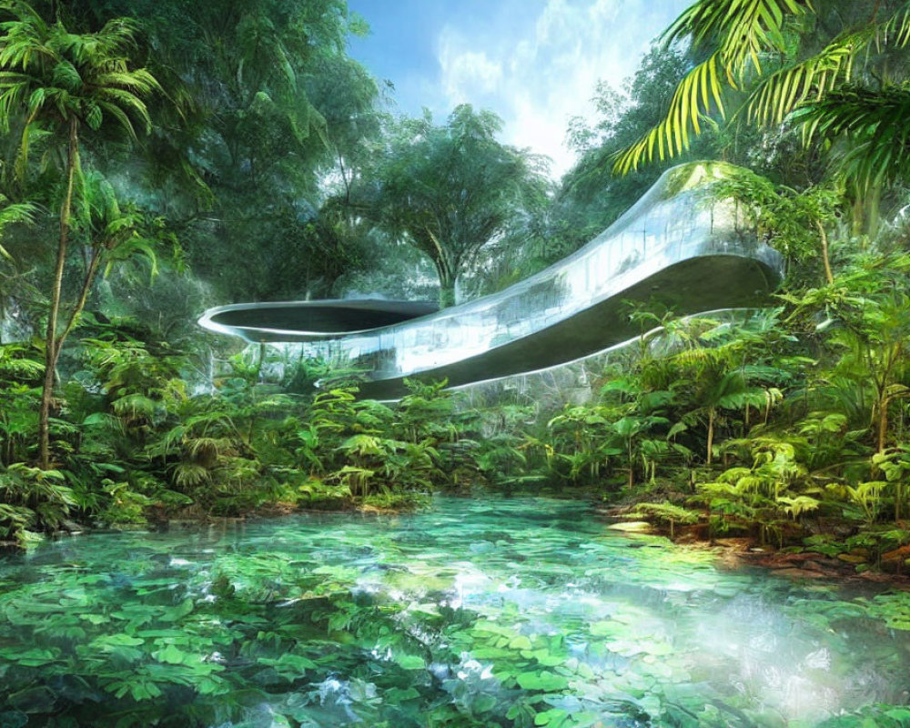 Futuristic Glass Loop Building in Green Tropical Forest