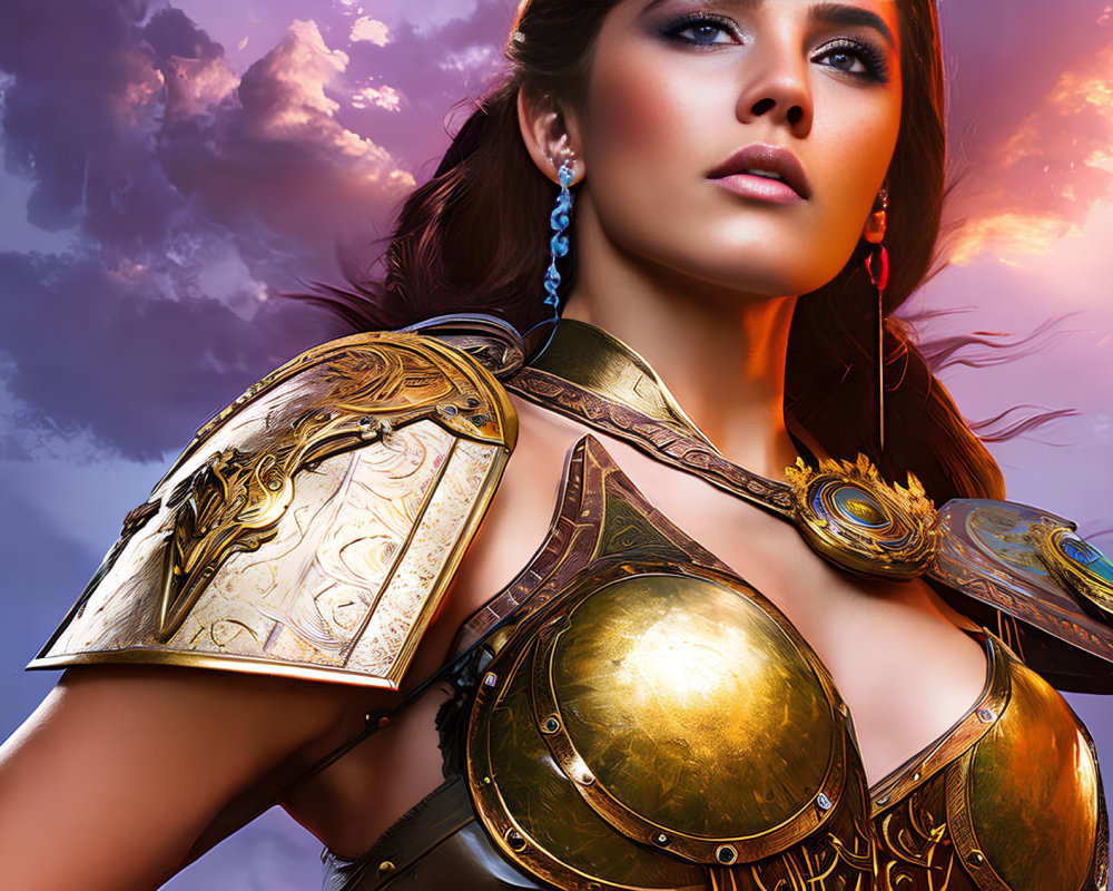 Woman in ornate golden armor under purple sky gazes fiercely.