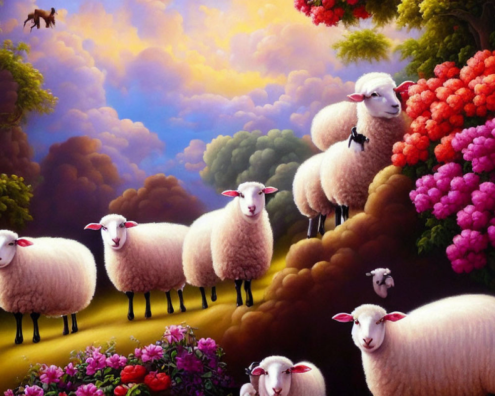 Colorful painting of fluffy sheep in vibrant landscape with horse and dreamy sky