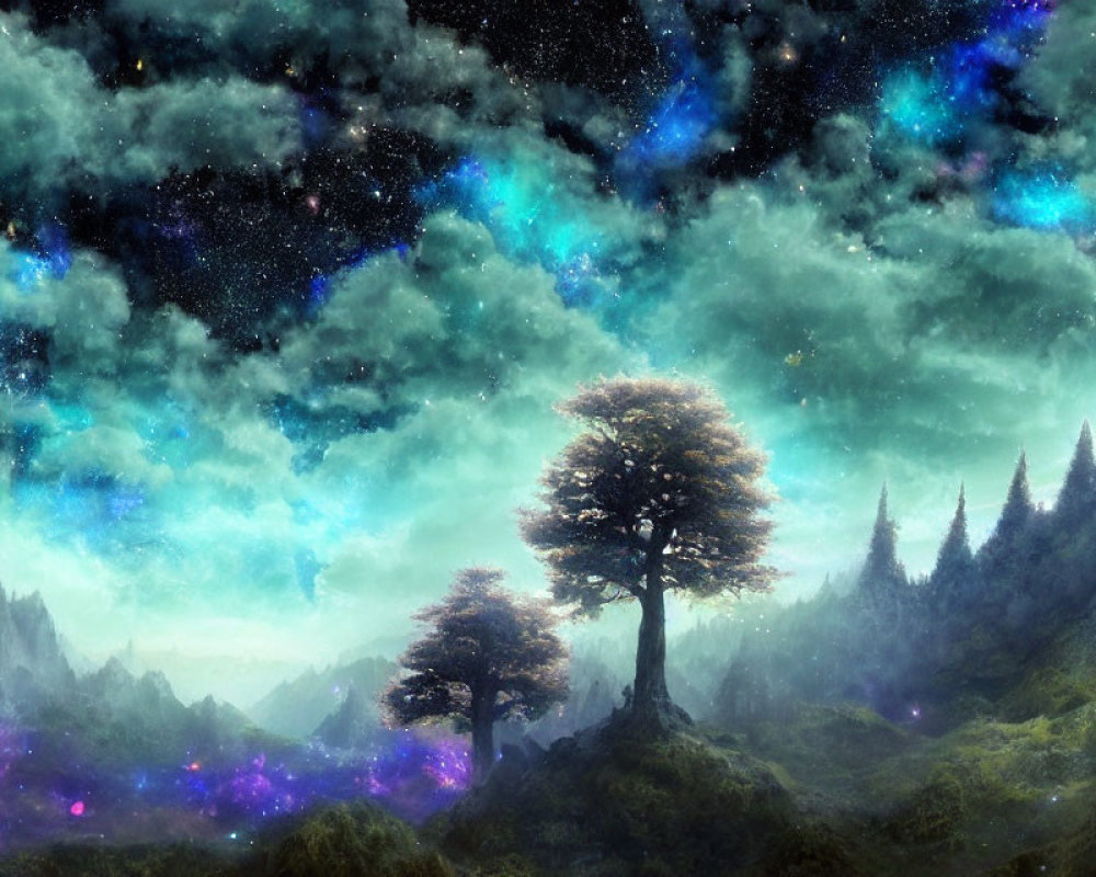 Fantastical landscape with starry sky and lush forest foreground.
