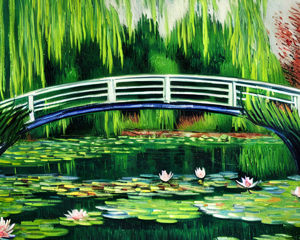 Colorful painting of white arched bridge over pond with lily pads and water lilies
