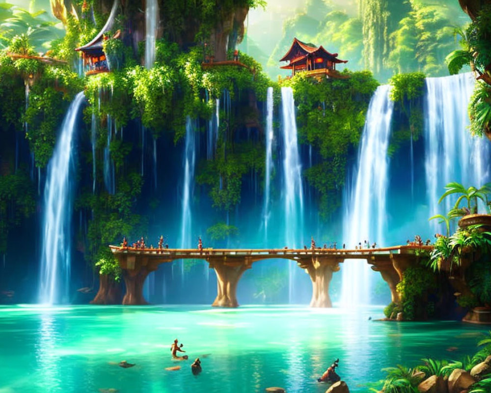 Majestic waterfall, lush greenery, traditional bridge, Oriental-style building