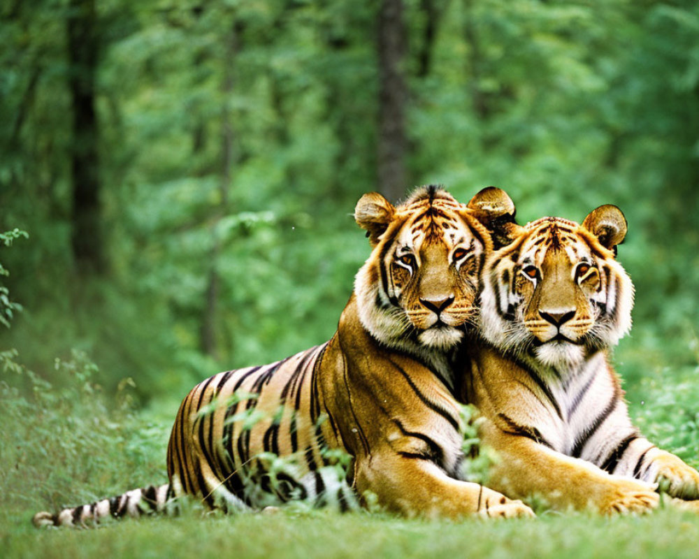 Two Tigers Resting Together in Vibrant Green Foliage