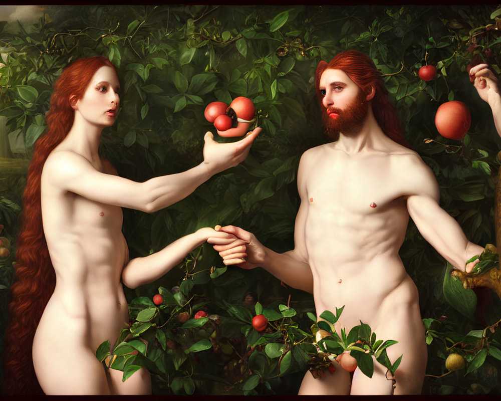 Nude figures with red hair in lush garden, woman offering fruit to man near apple tree reminiscent of