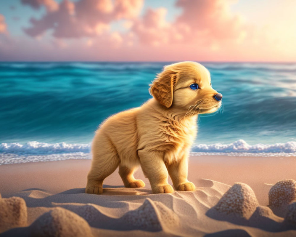 Golden puppy on sandy beach at sunrise or sunset with ocean and softly lit sky