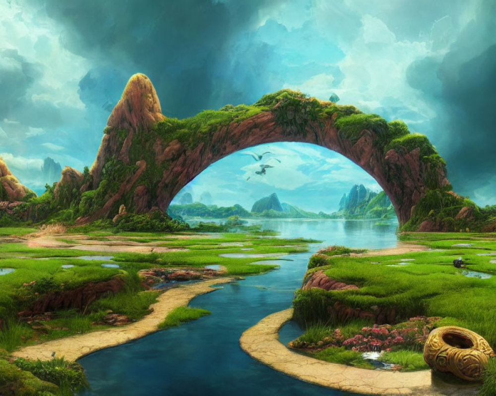 Fantasy landscape with lush greenery, rock arch, vibrant flora, bird, and ornate pot