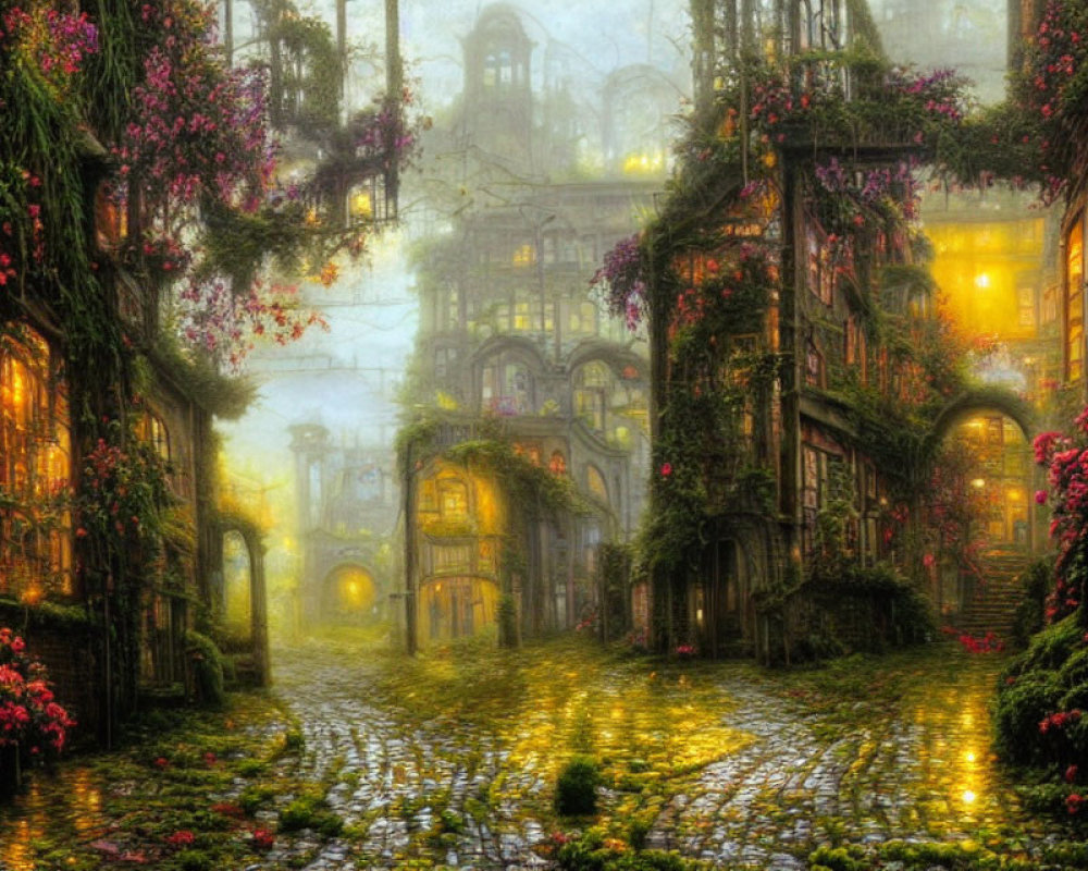 Enchanted cobblestone street with ivy-covered buildings and glowing windows