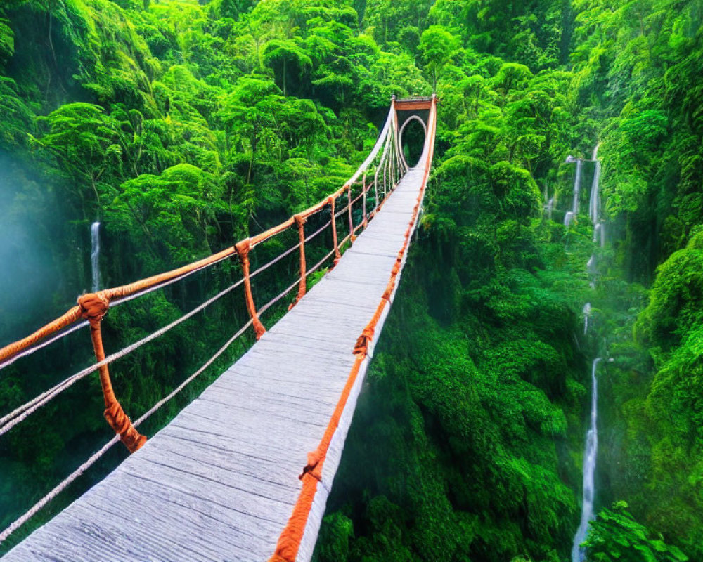 Scenic suspension bridge in lush tropical forest