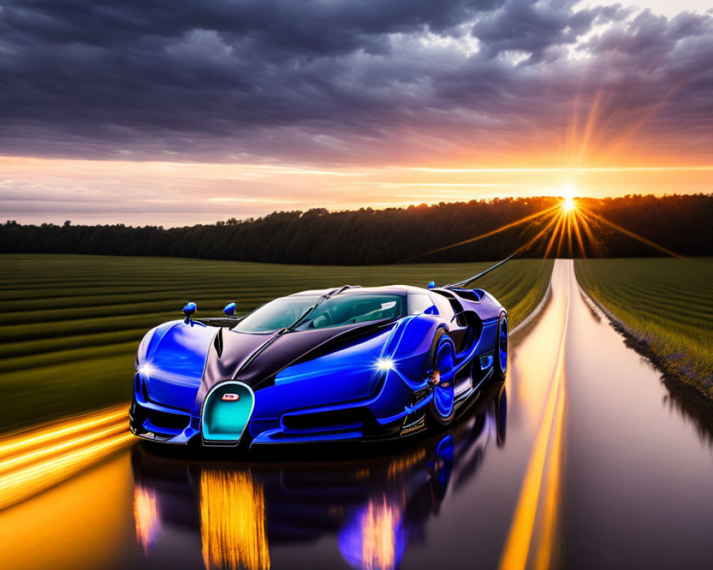 Blue Bugatti Sports Car Racing at Sunset Over Countryside Road