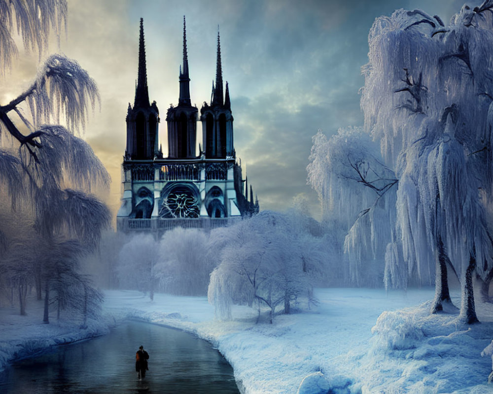 Gothic cathedral in wintry landscape with frozen trees and serene blue hue
