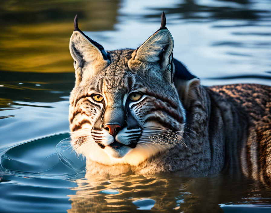 Bobcat partially submerged in water with alert ears and focused eyes against golden background.