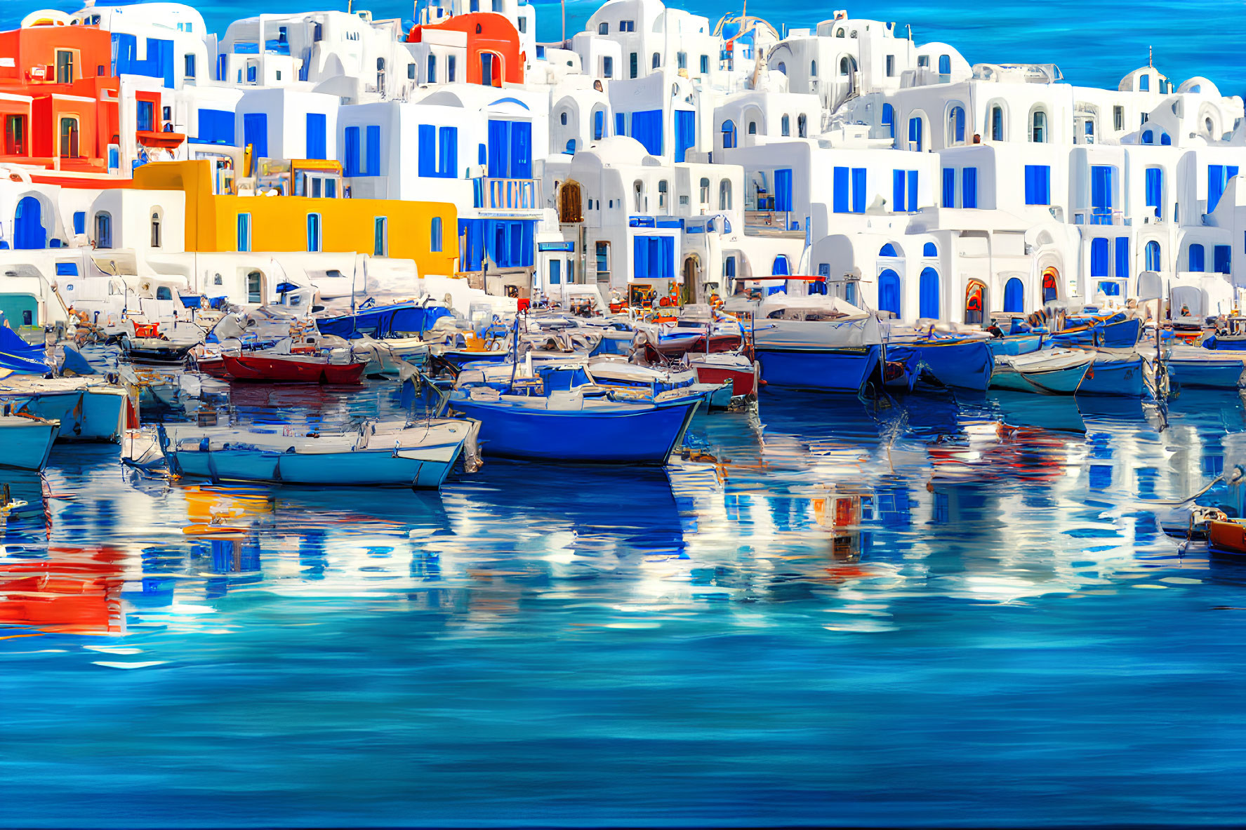 Colorful boats and white buildings in a vibrant harbor scene